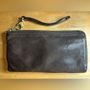 Fossil leather wallet purse with wristlet - Brown